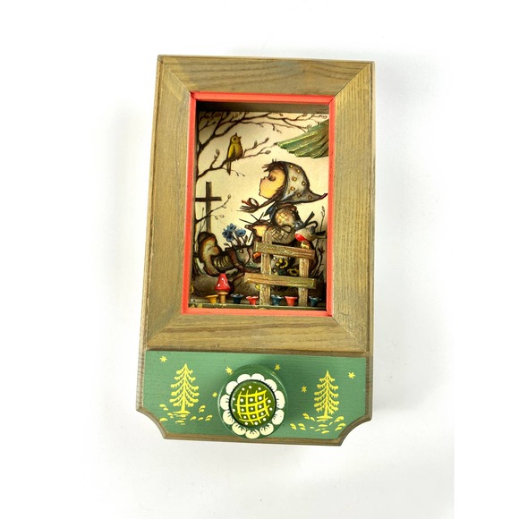 VTG Anri Thorens Music Box Wind Up Diorama Shadow Box Girl, Bird And Mushrooms - Picture 2 of 10